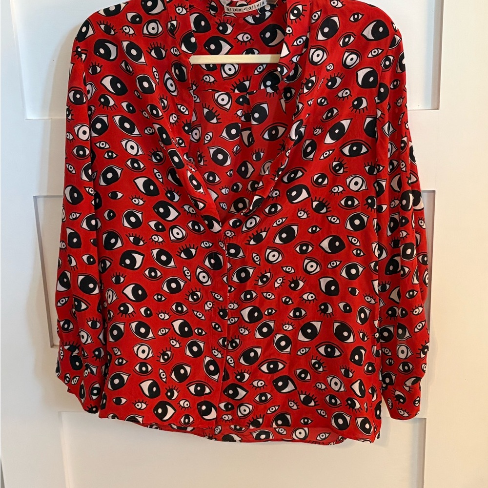 Alice + Olivia Red Eye-Print V-Neck Blouse